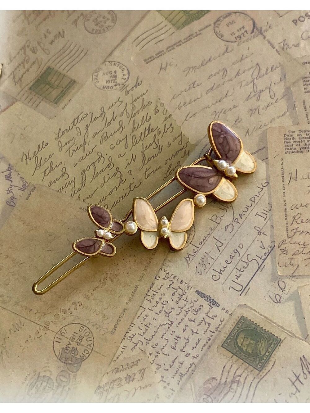 Vintage Elegant Butterfly Hair Clip with Pearls and Gold Finish